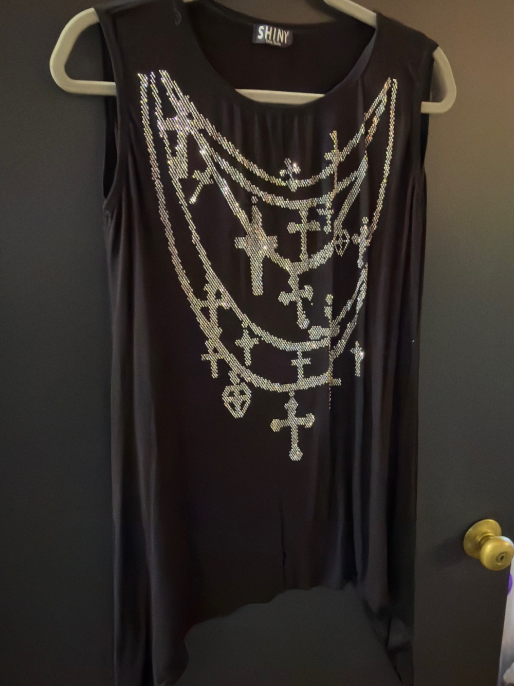 Shiny Black Sleeveless Tank with Rhinestone Cross Necklace Detail